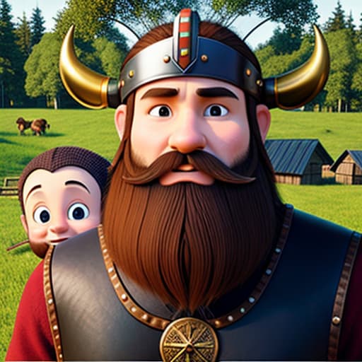  alvin the older-young poor-but-honest-farmer a skinny older-young good looking viking with A bald head a carly black mustache a pontie black chin beard with A viking helmet with horns on it from cartoon