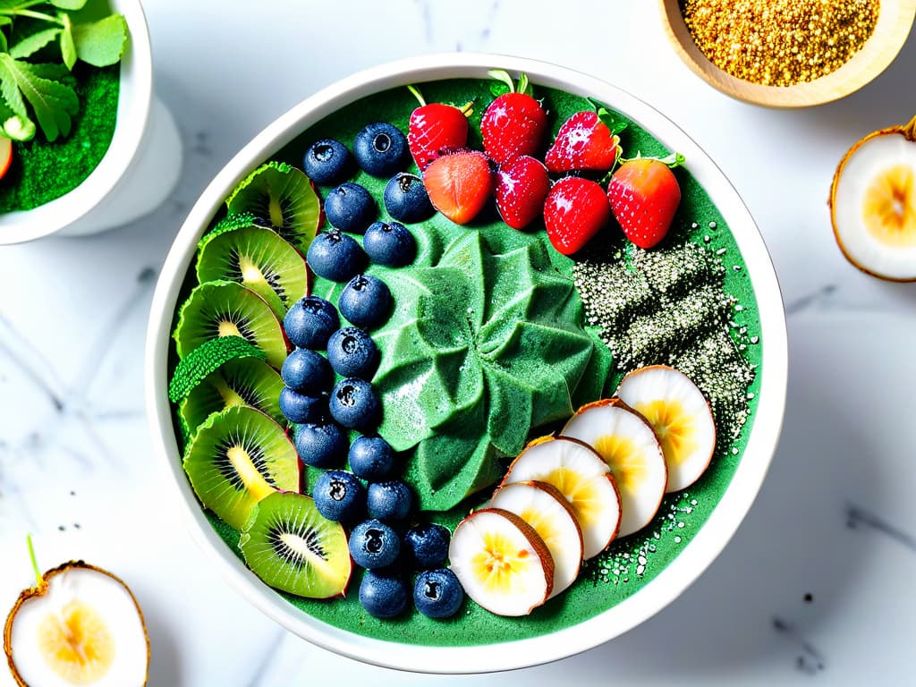  An ultradetailed closeup image of a vibrant green spirulina smoothie bowl topped with fresh berries, coconut flakes, and chia seeds, all arranged in an intricate geometric pattern on a sleek white marble surface. The rich colors and textures of the superfood ingredients are highlighted, creating a visually striking and appetizing composition that conveys the essence of creative culinary use of spirulina in desserts. hyperrealistic, full body, detailed clothing, highly detailed, cinematic lighting, stunningly beautiful, intricate, sharp focus, f/1. 8, 85mm, (centered image composition), (professionally color graded), ((bright soft diffused light)), volumetric fog, trending on instagram, trending on tumblr, HDR 4K, 8K