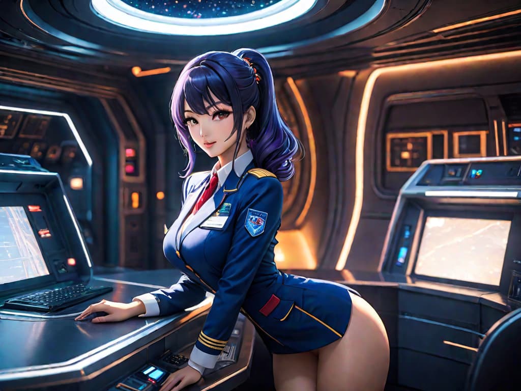  image: masterpiece, high quality, (professionally color graded), detailed clothing, highly detailed, cinematic lighting, stunningly beautiful, 1: beautiful asian, slim waist, slim build, 2 huge fake s, normal hips, medium sized round , fit, tanned, long dark neon hair, costume: outer space flight attendant uniform, location: luxurious lounge in a recreational space station, view: dynanic view, pose: hey , let me feel your ;)