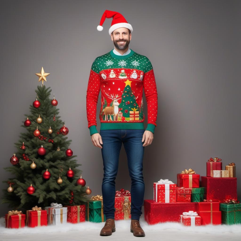  full body standing, (full body shot:1,5), ugly christmas sweater, style Giuseppe Arcimboldo
