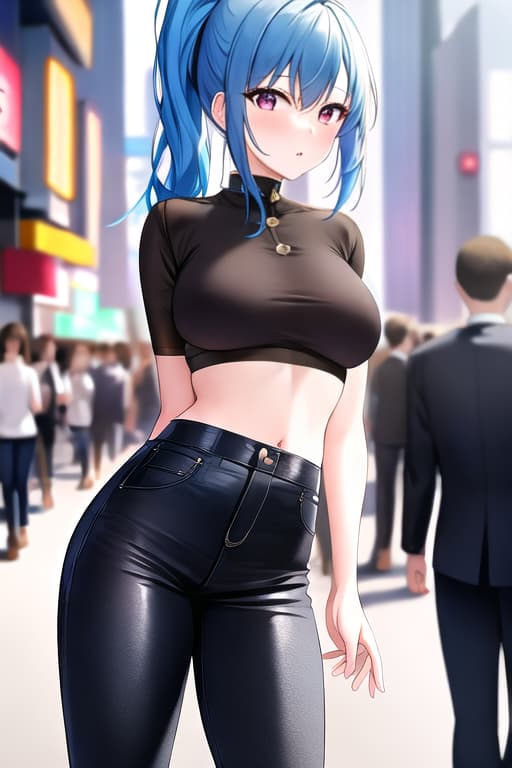 1girl, solo focus, blue hair, blushing, close-up, detailed face, upper body, standing on the sidewalk in the city, (crowd in background), detailed background, depth of field, bokeh, photo background, , Giantess growing in leather pants