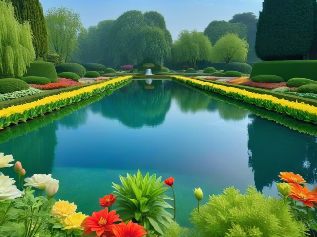  A serene and minimalist image of a vibrant green garden with colorful flowers blooming, showcasing a tranquil pond reflecting the clear blue sky above. hyperrealistic, full body, detailed clothing, highly detailed, cinematic lighting, stunningly beautiful, intricate, sharp focus, f/1. 8, 85mm, (centered image composition), (professionally color graded), ((bright soft diffused light)), volumetric fog, trending on instagram, trending on tumblr, HDR 4K, 8K