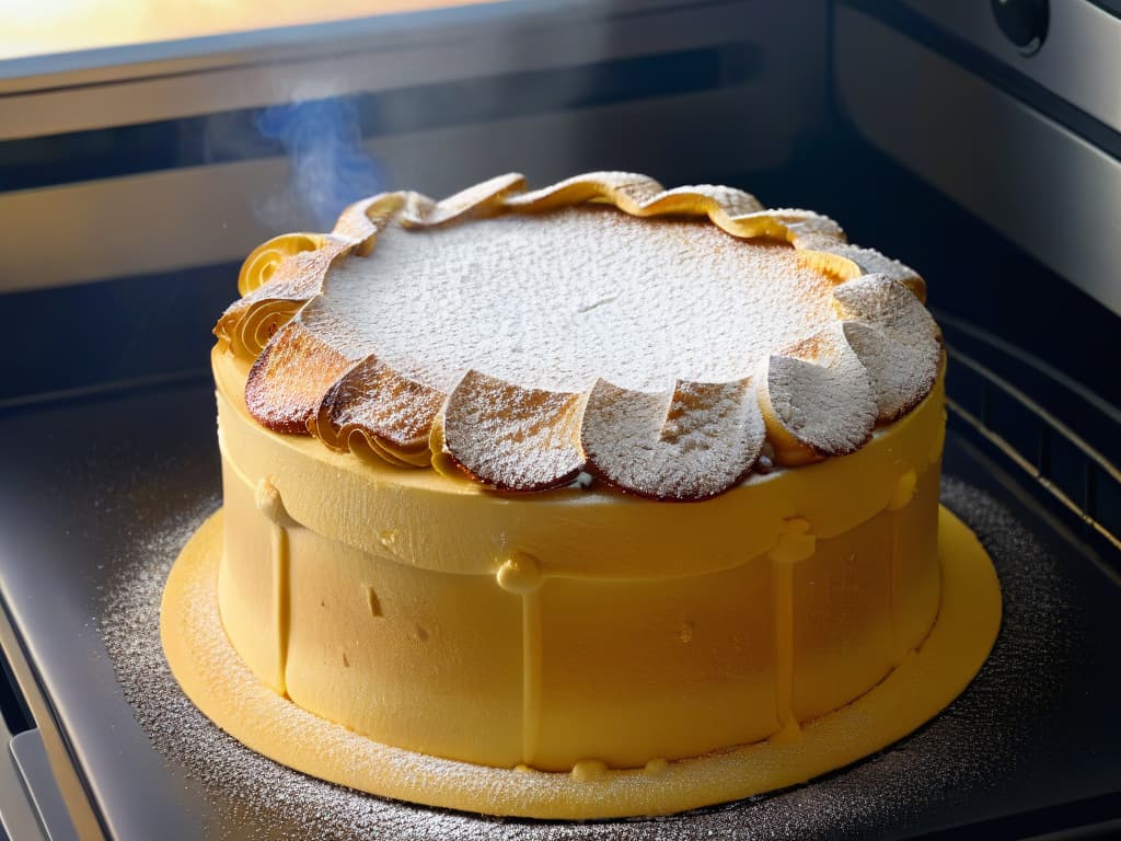  A closeup, ultradetailed image of a perfectly goldenbrown souffle emerging from the oven, with a delicate sprinkle of powdered sugar on top, showcasing its fluffy texture and rich color in exquisite detail. hyperrealistic, full body, detailed clothing, highly detailed, cinematic lighting, stunningly beautiful, intricate, sharp focus, f/1. 8, 85mm, (centered image composition), (professionally color graded), ((bright soft diffused light)), volumetric fog, trending on instagram, trending on tumblr, HDR 4K, 8K