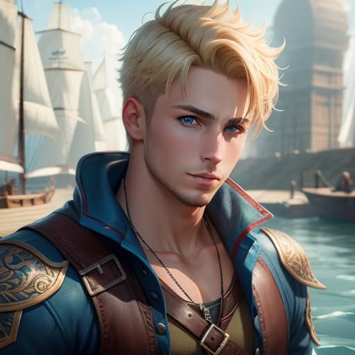  male, short blonde hair, blue eyes, swimmer build, pirate, hyperrealistic, high quality, highly detailed, perfect lighting, intricate, sharp focus, f/1. 8, 85mm, (centered image composition), (professionally color graded), ((bright soft diffused light)), trending on instagram, HDR 4K, 8K