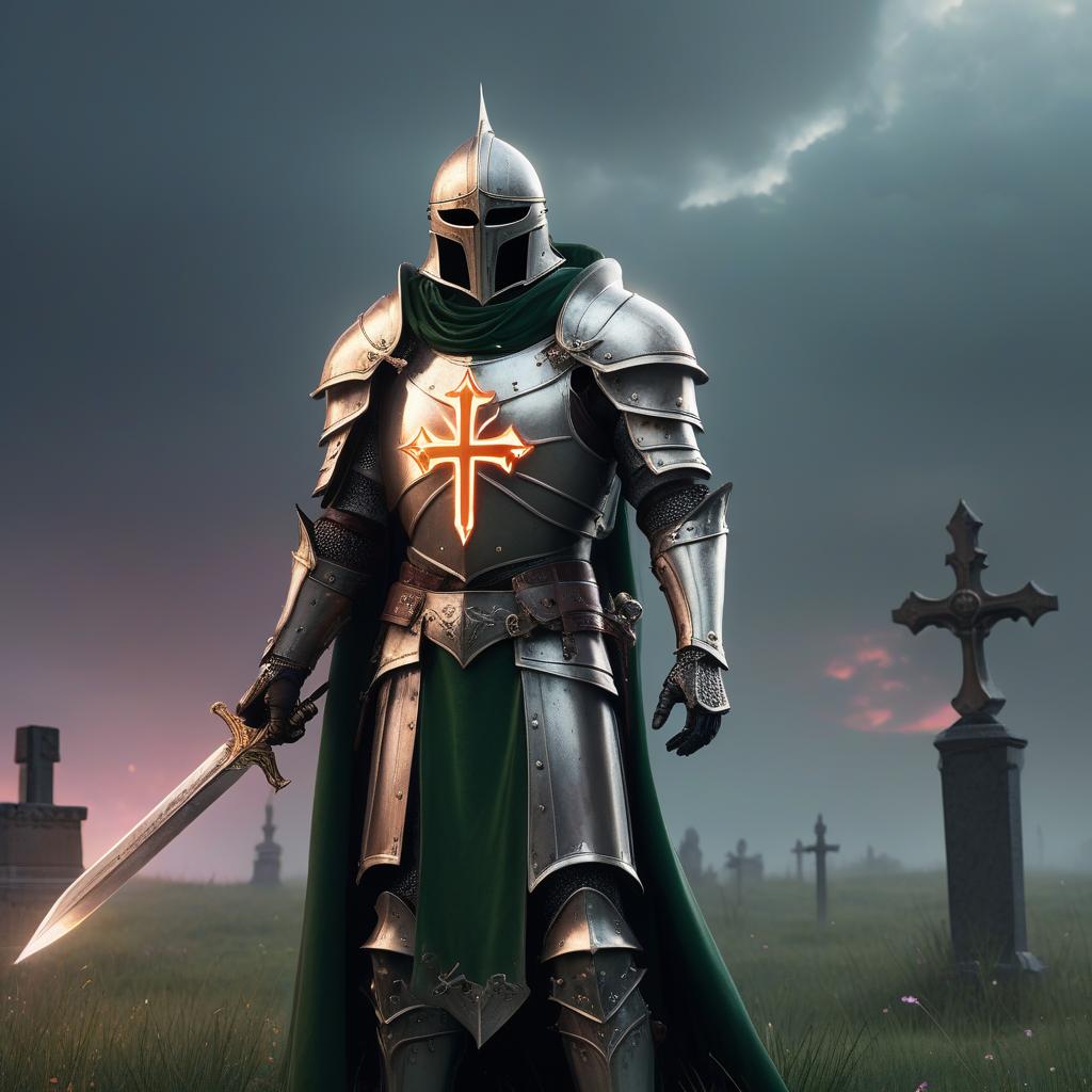  macabre style Paladin in full height. Full plate steel armor of silver gray color, shining and well polished, traces of battles, small dents and scratches are visible. Cloak made of dark green velvet is worn on the chest of the armor. On the cloak there is a white cross, on which a human skeleton in full height is depicted. On the head is worn a helmet with a cross on the front part of the helmet. The paladin stands on the green meadow. Behind him dawn, the sky is tinted with pink and orange colors. The sword is sheathed in a scabbard on the right side, and on the left side the Bible is visible. The paladin should look like a powerful warrior who has just opened something new, mighty and mystical in himself. . dark, gothic, grim, hauntin hyperrealistic, full body, detailed clothing, highly detailed, cinematic lighting, stunningly beautiful, intricate, sharp focus, f/1. 8, 85mm, (centered image composition), (professionally color graded), ((bright soft diffused light)), volumetric fog, trending on instagram, trending on tumblr, HDR 4K, 8K