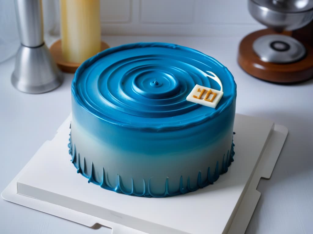  An ultradetailed closeup image of a perfectly crafted, glossy mirror glaze cake reflecting a modern kitchen filled with hightech baking gadgets like a sleek stand mixer, precision digital scales, and a tablet displaying a cuttingedge baking app. The cake's surface shimmers elegantly, showcasing intricate swirls of vibrant colors that symbolize the fusion between traditional baking techniques and modern technology. The background is softly blurred, emphasizing the cake as the focal point and highlighting the theme of innovation in the culinary world. hyperrealistic, full body, detailed clothing, highly detailed, cinematic lighting, stunningly beautiful, intricate, sharp focus, f/1. 8, 85mm, (centered image composition), (professionally color graded), ((bright soft diffused light)), volumetric fog, trending on instagram, trending on tumblr, HDR 4K, 8K