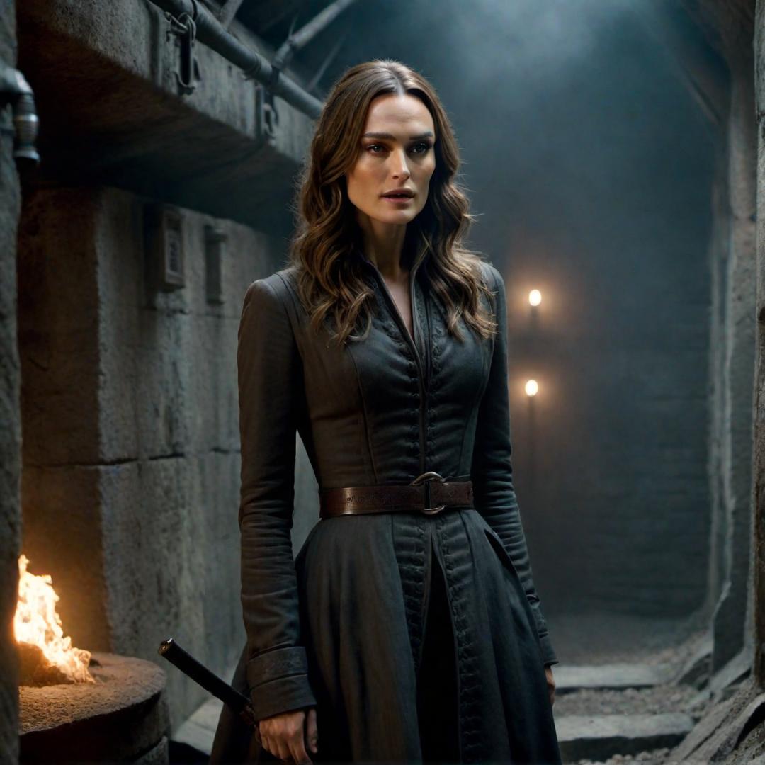  Keira Knightley exploring a sinister underground facility. hyperrealistic, full body, detailed clothing, highly detailed, cinematic lighting, stunningly beautiful, intricate, sharp focus, f/1. 8, 85mm, (centered image composition), (professionally color graded), ((bright soft diffused light)), volumetric fog, trending on instagram, trending on tumblr, HDR 4K, 8K