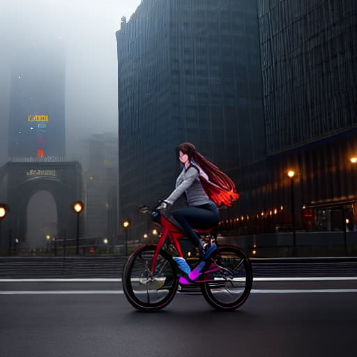  A girl rides a bike and under her hyperrealistic, full body, detailed clothing, highly detailed, cinematic lighting, stunningly beautiful, intricate, sharp focus, f/1. 8, 85mm, (centered image composition), (professionally color graded), ((bright soft diffused light)), volumetric fog, trending on instagram, trending on tumblr, HDR 4K, 8K