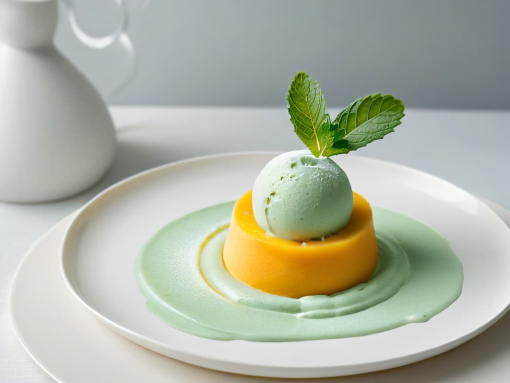  A minimalist image of a scoop of vibrant mango sorbet elegantly placed on a sleek, modern white ceramic dish, garnished with a single fresh mint leaf delicately balanced on top. The sorbet glistens in the soft natural light, showcasing its smooth texture and inviting color, while the simplicity of the presentation exudes elegance and sophistication, perfectly capturing the essence of homemade frozen delights. hyperrealistic, full body, detailed clothing, highly detailed, cinematic lighting, stunningly beautiful, intricate, sharp focus, f/1. 8, 85mm, (centered image composition), (professionally color graded), ((bright soft diffused light)), volumetric fog, trending on instagram, trending on tumblr, HDR 4K, 8K