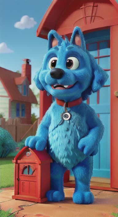  {Max the big blue dog standing in front of a cozy little house with a red door, The big blue dog is large with sky blue fur, big round eyes, a black nose, and floppy ears.