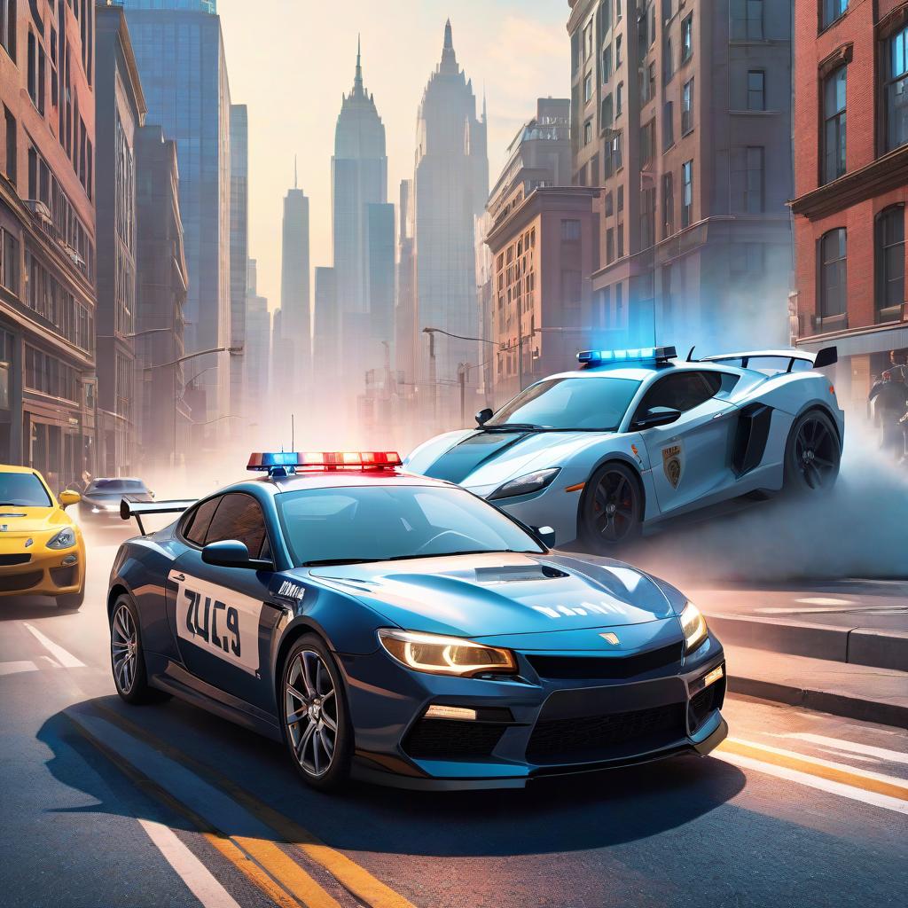  Advertising poster style A police car with a siren in the back is driving behind a sports car chase in the city, dynamic, cartoon style, colorful . Professional, modern, product focused, commercial, eye catching, highly detailed hyperrealistic, full body, detailed clothing, highly detailed, cinematic lighting, stunningly beautiful, intricate, sharp focus, f/1. 8, 85mm, (centered image composition), (professionally color graded), ((bright soft diffused light)), volumetric fog, trending on instagram, trending on tumblr, HDR 4K, 8K