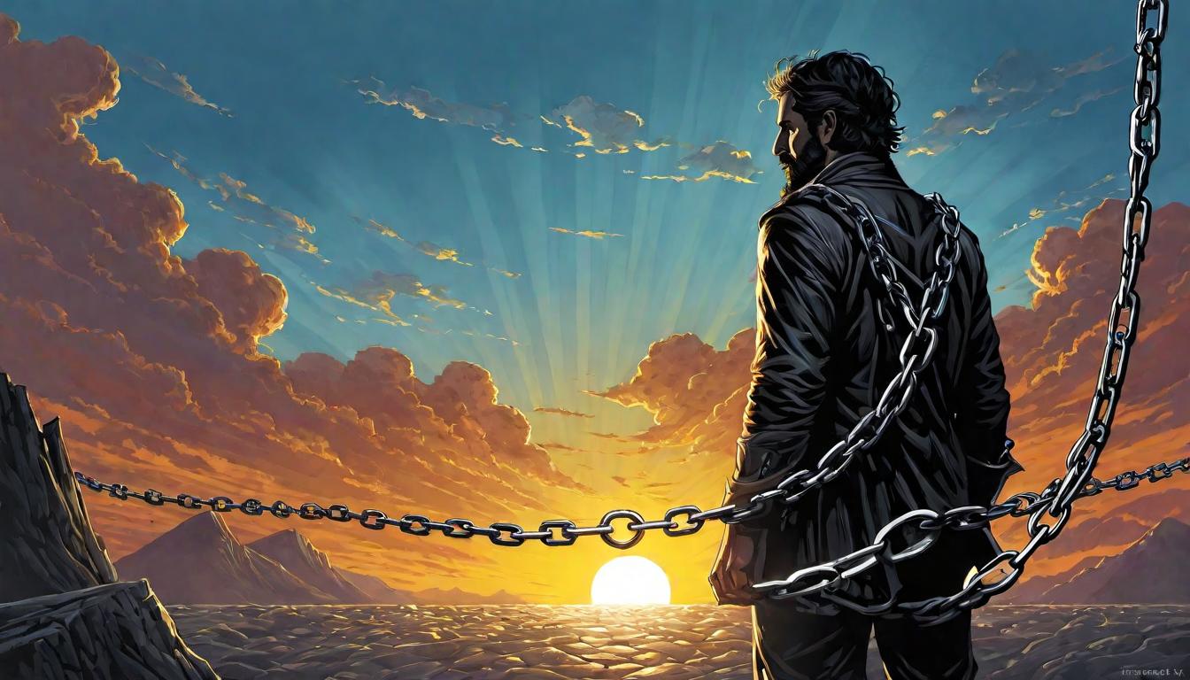  （surrealism)A figure shackled by chains labeled 'Productivity', breaking free, shackles shattering, fragments in air, determined expression, rising sun behind, liberation, resilience mystic, intricate details, best quality)