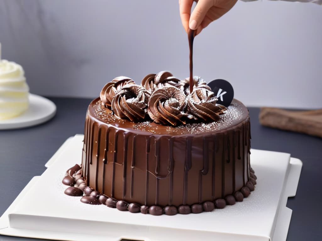  A closeup, photorealistic image of a glossy, perfectly emulsified ganache being poured over a decadent chocolate cake. The ganache is velvety smooth with a mirrorlike shine, cascading down the sides of the cake, capturing the moment of transformation as it sets into a flawless, uniform texture. The rich chocolate tones contrast beautifully with the soft, pillowy texture of the cake, creating a visually stunning and mouthwatering scene that embodies the magic of emulsions in pastrymaking. hyperrealistic, full body, detailed clothing, highly detailed, cinematic lighting, stunningly beautiful, intricate, sharp focus, f/1. 8, 85mm, (centered image composition), (professionally color graded), ((bright soft diffused light)), volumetric fog, trending on instagram, trending on tumblr, HDR 4K, 8K