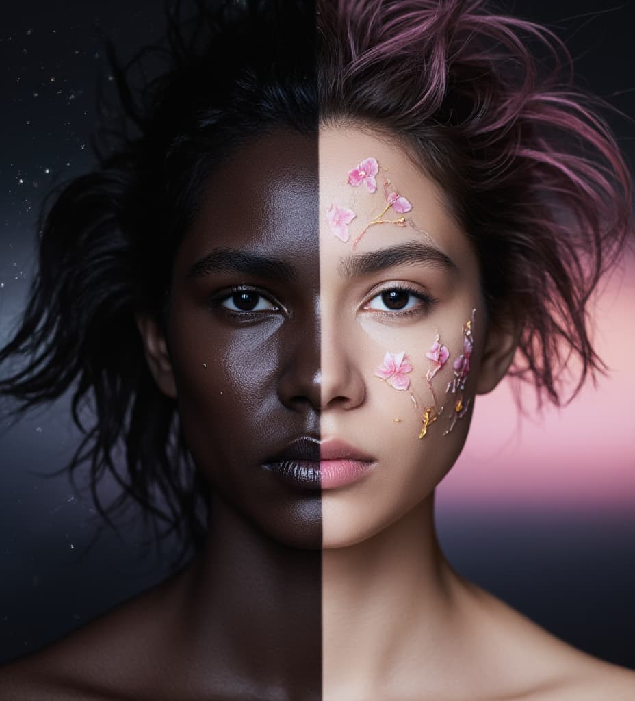  detail, photo, cinscene, dreamwalking portrait of a person, face split vertically down the middle. left half a black woman, right half a white woman. the black woman side has small glowing stars, galaxies, and nebulae. the white woman side has delicate flowers, leaves, and vines. hair styled dramatically upward, fading from black to pink. eyes open wide, one black, one pink. shoulders bare. background gradient from deep space black to soft pink sunset. hyper realistic painting style with sharp details. dramatic studio lighting.