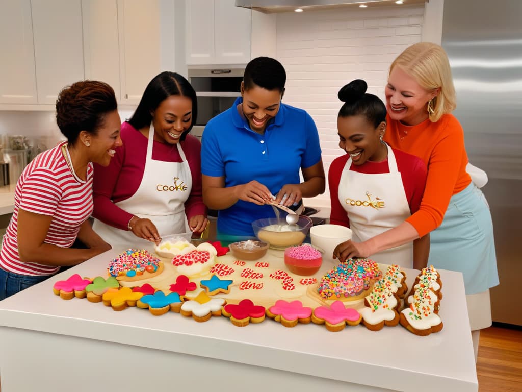  A photorealistic image of a diverse group of people of various ages and backgrounds gathered around a kitchen island, each one enthusiastically decorating cookies with vibrant icing and colorful sprinkles. The kitchen is filled with an array of creative cookie cutters in whimsical shapes like unicorns, rainbows, and flowers. The atmosphere is lively and joyful, with smiles and laughter shared among the group, capturing the essence of creativity and fun in cookie decorating. hyperrealistic, full body, detailed clothing, highly detailed, cinematic lighting, stunningly beautiful, intricate, sharp focus, f/1. 8, 85mm, (centered image composition), (professionally color graded), ((bright soft diffused light)), volumetric fog, trending on instagram, trending on tumblr, HDR 4K, 8K