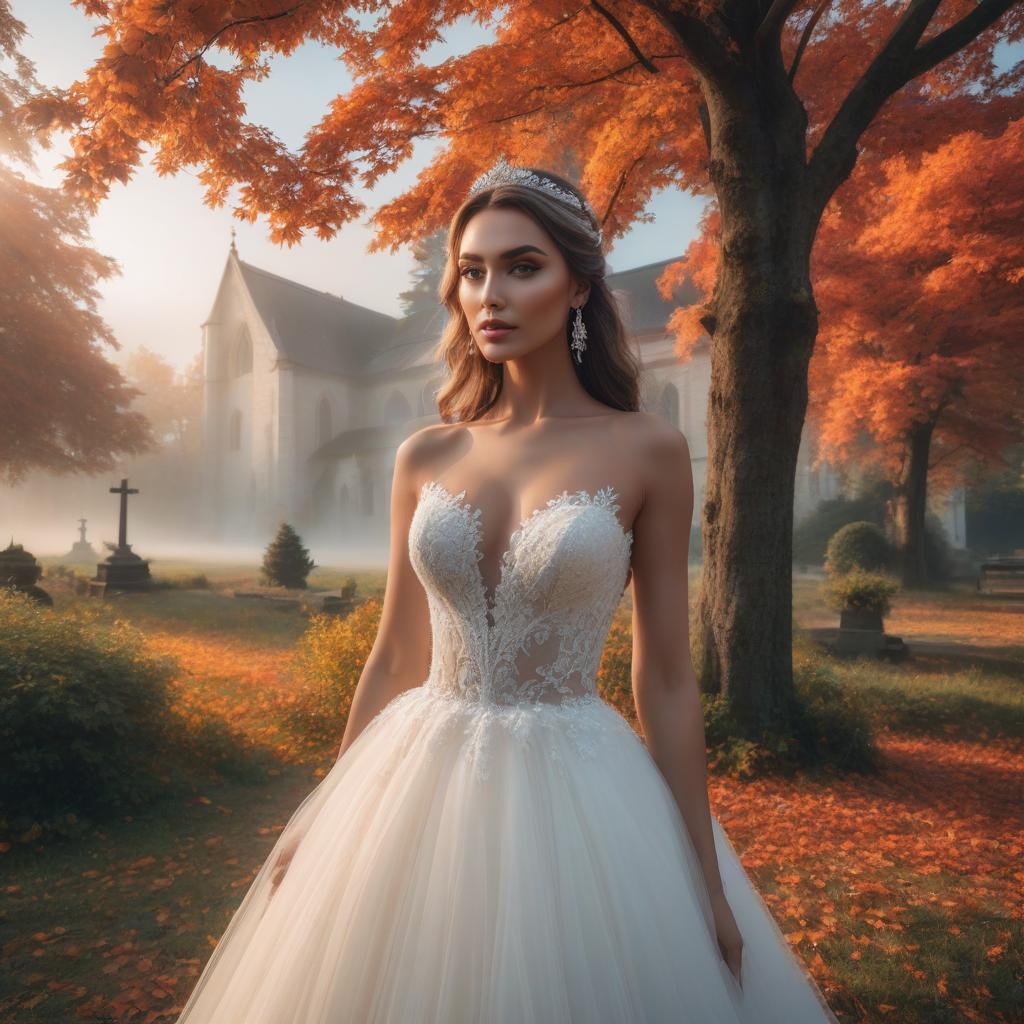  Face, young bride in a wedding dress, enlarged female face looking at the camera, in the background field with maple trees. In the distance, a church and houses. hyperrealistic, full body, detailed clothing, highly detailed, cinematic lighting, stunningly beautiful, intricate, sharp focus, f/1. 8, 85mm, (centered image composition), (professionally color graded), ((bright soft diffused light)), volumetric fog, trending on instagram, trending on tumblr, HDR 4K, 8K