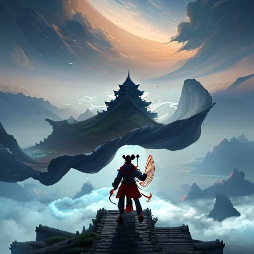  Nezha must be shown standing with his hands behind his back, looking down at the East China Sea and standing on a flying chariot. The picture needs to be magnificent and atmospheric.