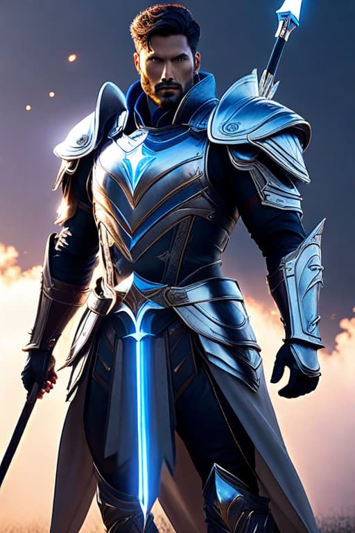  A man holding a glowing spear flying through the air, eyes glowing blue in glowing armor. hyperrealistic, full body, detailed clothing, highly detailed, cinematic lighting, stunningly beautiful, intricate, sharp focus, f/1. 8, 85mm, (centered image composition), (professionally color graded), ((bright soft diffused light)), volumetric fog, trending on instagram, trending on tumblr, HDR 4K, 8K