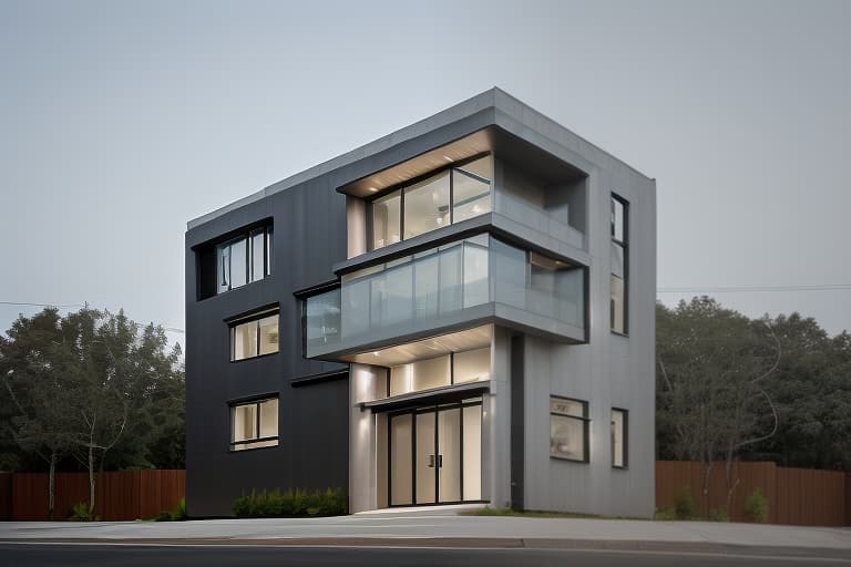 Street view of the house, modern architectural style, dark aluminum doors, beautiful lighting