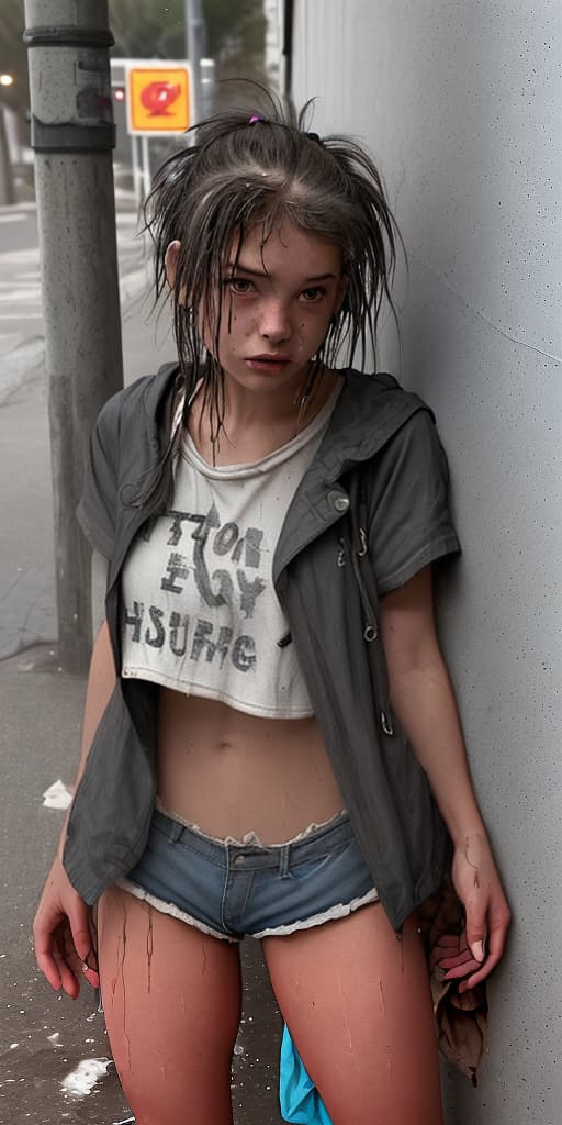  homeless-girl in short shorts, dirty, around the corner, it's raining, raised her top