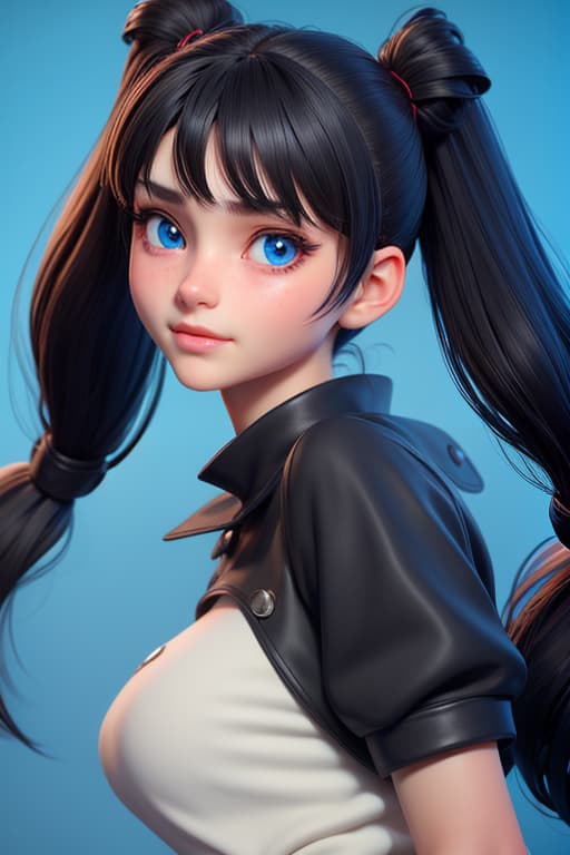  3D, 1 girl, beautiful face,detailed face, high detailed tohsaka rin, solo, medium messy hair, looking at viewer, blue background, black hair, simple background, two side up, blue eyes, lips, closed mouth, bangs, upper body, parted bangs, twintails, nose. wearing nothing at all, no clothes