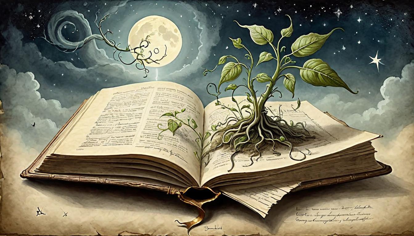  on parchment, surrealism+++, Seedling growing out of a book, tendrils reaching toward the sky, illuminated by moonlight, growth and potential, mystical light, nurturing, magical(mysterious, provocative, symbolic,muted color)+++