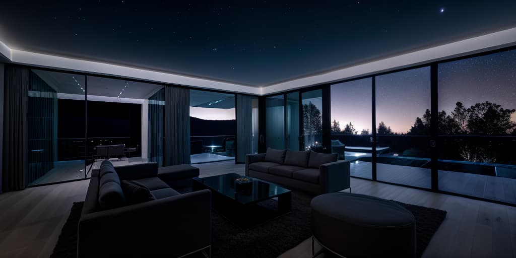  A high resolution photograph of a modern Living Room, hyper realistic, moonlit sky, starry background, artificial exterior lighting, illuminated windows, serene ambiance, subtle reflections, soft shadows, night time landscaping, clear night sky, captured with a high ISO setting, tranquil and mysterious atmosphere, detailed textures visible under moonlight, Modern villa