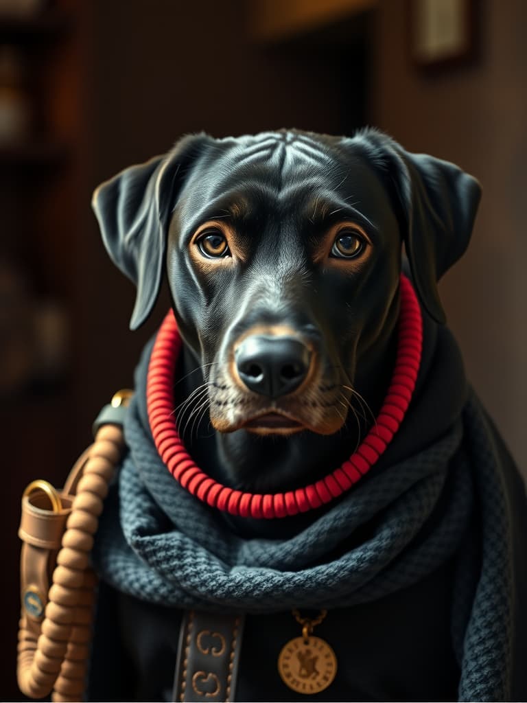  a black dog hyperrealistic, full body, detailed clothing, highly detailed, cinematic lighting, stunningly beautiful, intricate, sharp focus, f/1. 8, 85mm, (centered image composition), (professionally color graded), ((bright soft diffused light)), volumetric fog, trending on instagram, trending on tumblr, HDR 4K, 8K