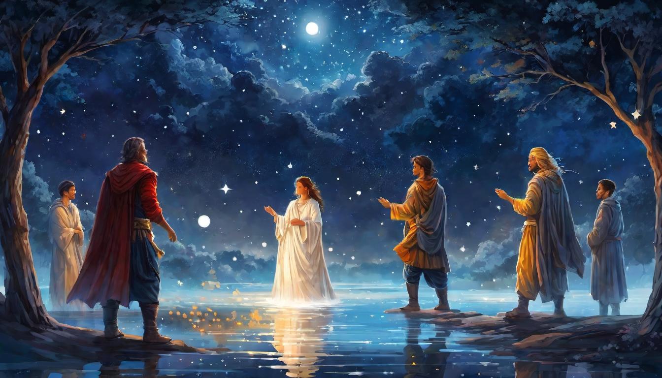  digital painting of A circle of figures, holding each other by the shoulders, fostering community, under a canopy of stars, mutual support, resilient spirit looking at viewer, dynamic pose, (intricate details, masterpiece, best quality)