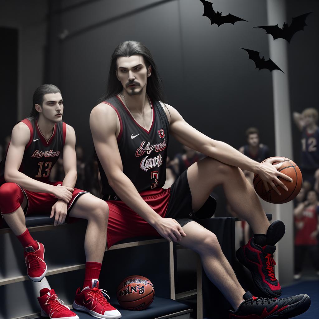  masterpiece, best quality, Vampire Vlad Dracula Țepeș from the series Castlevania, Dressed in a basketball jersey, tank top style top jersey, above knee bottom jersey, the jersey is for the team known as the bats, add bats to the jersey design. Wearing red sneakers on feet. Make vampire Vlad Dracula Țepeș a basketball player. Single person in photo. Pose with Crossed Arms and straight legs. Basketball between the feet.Do not add more than one person. on basketball court balling against a lycan basketball player.