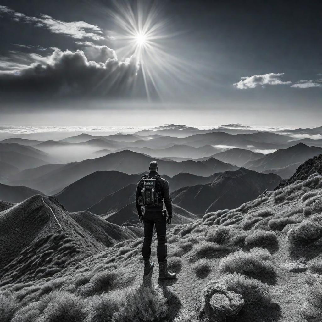  black and white pic ultimate blue sentinelaibot extreme matrix spectrum vivid mountain view hyperrealistic, full body, detailed clothing, highly detailed, cinematic lighting, stunningly beautiful, intricate, sharp focus, f/1. 8, 85mm, (centered image composition), (professionally color graded), ((bright soft diffused light)), volumetric fog, trending on instagram, trending on tumblr, HDR 4K, 8K