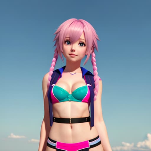  A vary cute wearing no pants pointing at her . . Big . with left hand. Has pink hair. Looking down at the camera. apart. Wearing no . View is underneath the character