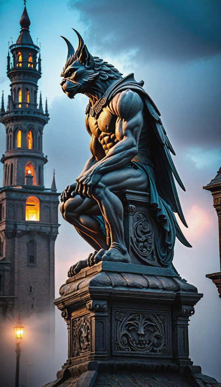  Post apocalyptic style depiction of a gargoyle perched on a moonlit tower. Dark, mysterious, scary, haunting, dramatic, ornate, detailed. . Futuristic, technological, survival in the wasteland, desolate cities, and the resilience and survival instincts of humanity theme. hyperrealistic, full body, detailed clothing, highly detailed, cinematic lighting, stunningly beautiful, intricate, sharp focus, f/1. 8, 85mm, (centered image composition), (professionally color graded), ((bright soft diffused light)), volumetric fog, trending on instagram, trending on tumblr, HDR 4K, 8K