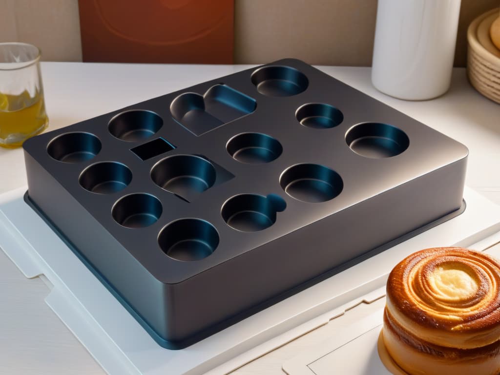  An intricately detailed photorealistic image showcasing an assortment of professionalgrade nonstick baking molds, each designed with precision and elegance. The molds vary in shape and size, featuring a sleek matte black finish that accentuates their modernity. The lighting highlights the fine details of the molds, emphasizing their quality craftsmanship and nonstick properties. This image conveys the allure and functionality of antiadherent baking molds, embodying the essence of professional baking excellence. hyperrealistic, full body, detailed clothing, highly detailed, cinematic lighting, stunningly beautiful, intricate, sharp focus, f/1. 8, 85mm, (centered image composition), (professionally color graded), ((bright soft diffused light)), volumetric fog, trending on instagram, trending on tumblr, HDR 4K, 8K