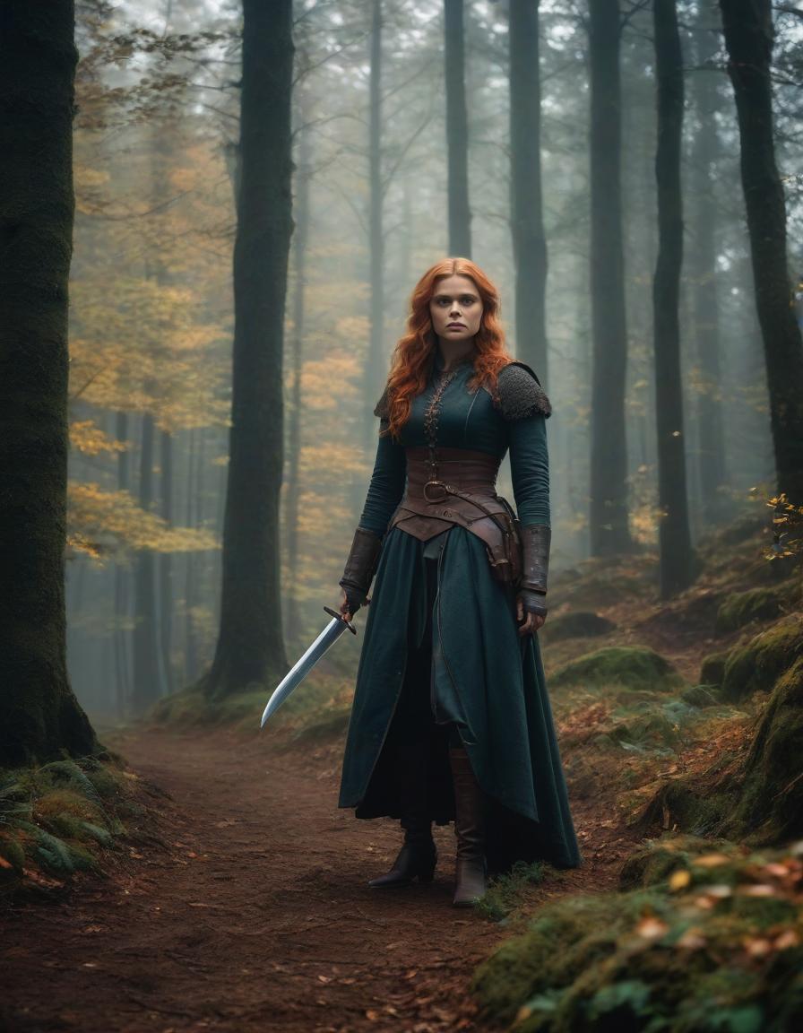  cinematic film still The era of medieval wars, a frame from a film, the most detailed image, cloudy and foggy autumn morning, rain, Chloe Grace Moretz with long light red hair, in a dark forest robber costume, holding a hunting knife in her right hand, with a combat dynamic expressive pose, prepared for battle, forest, maximum detail, especially carefully drawn faces, the maximum correspondence of historical medieval clothes, small details, the most correct anatomy, . shallow depth of field, vignette, highly detailed, high budget, bokeh, cinemascope, moody, epic, gorgeous, film grain, grainy hyperrealistic, full body, detailed clothing, highly detailed, cinematic lighting, stunningly beautiful, intricate, sharp focus, f/1. 8, 85mm, (centered image composition), (professionally color graded), ((bright soft diffused light)), volumetric fog, trending on instagram, trending on tumblr, HDR 4K, 8K