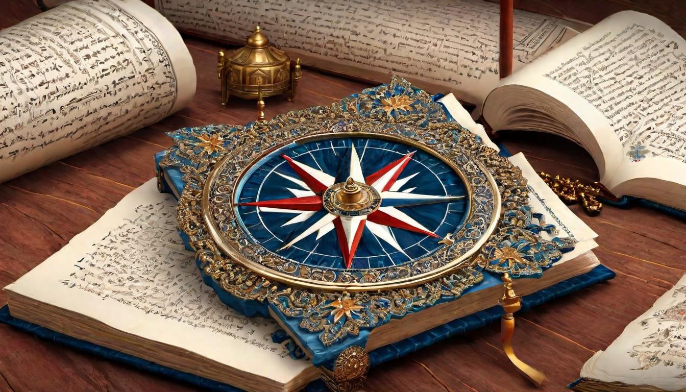  digital painting of A compass superimposed over an open Quran, guiding through divine wisdom, spiritual journey, enlightened path, unity with divine intent looking at viewer, dynamic pose, (intricate details, masterpiece, best quality)