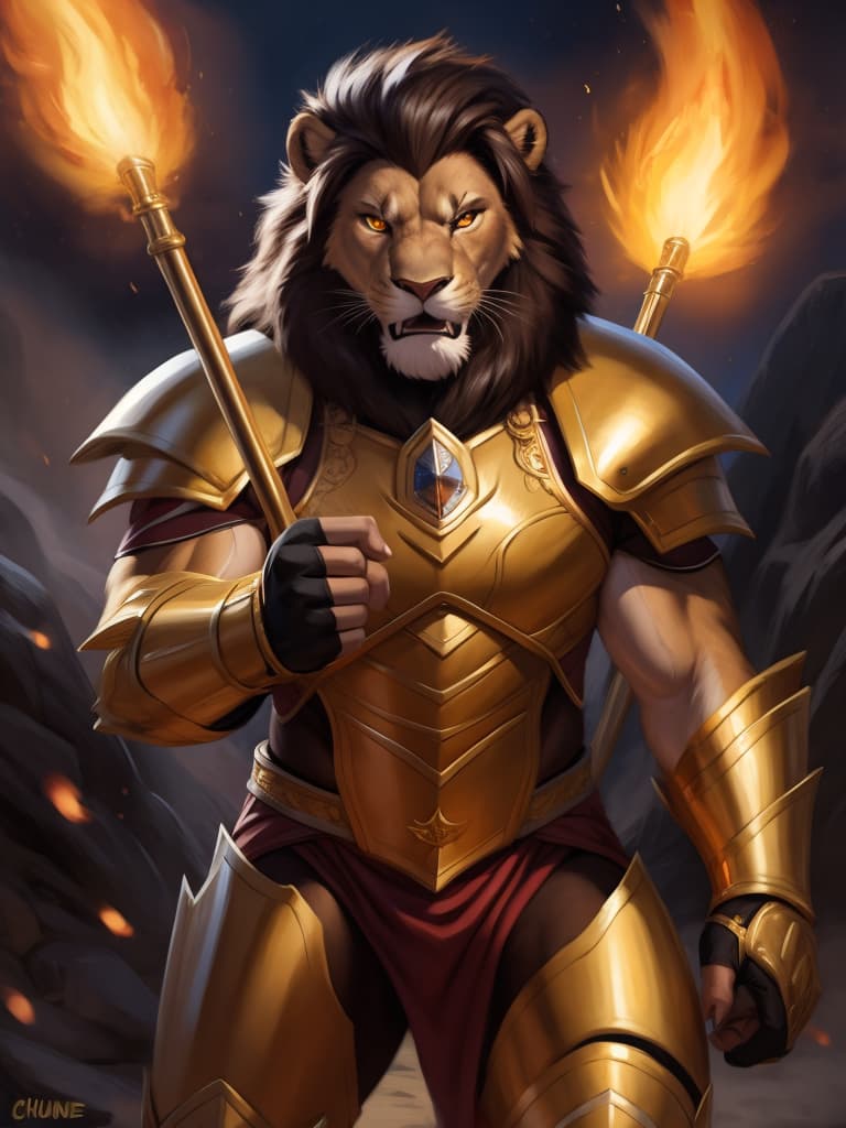  By chunie, by Meesh, portrait, full body, detailed pupils, glowing eyes:2, full view, photorealistic, solo, anthro, male, lion, scar on face, a lions fighting in a battlefield, holds a golden weapon, fighting, roaring, angry face:2, serious face:2, rage, zoom in on face, enraged:2, sparkling red and gold armor:2, surrounded by glowing flames, fireland, sparkling fire in background, ultra detailed sparkling flame, ultra detailed sparkling red and gold armor, sfw, thick body, muscular body, stare at the camera, open eyes, digital art, masterpiece, 4k, fine details,