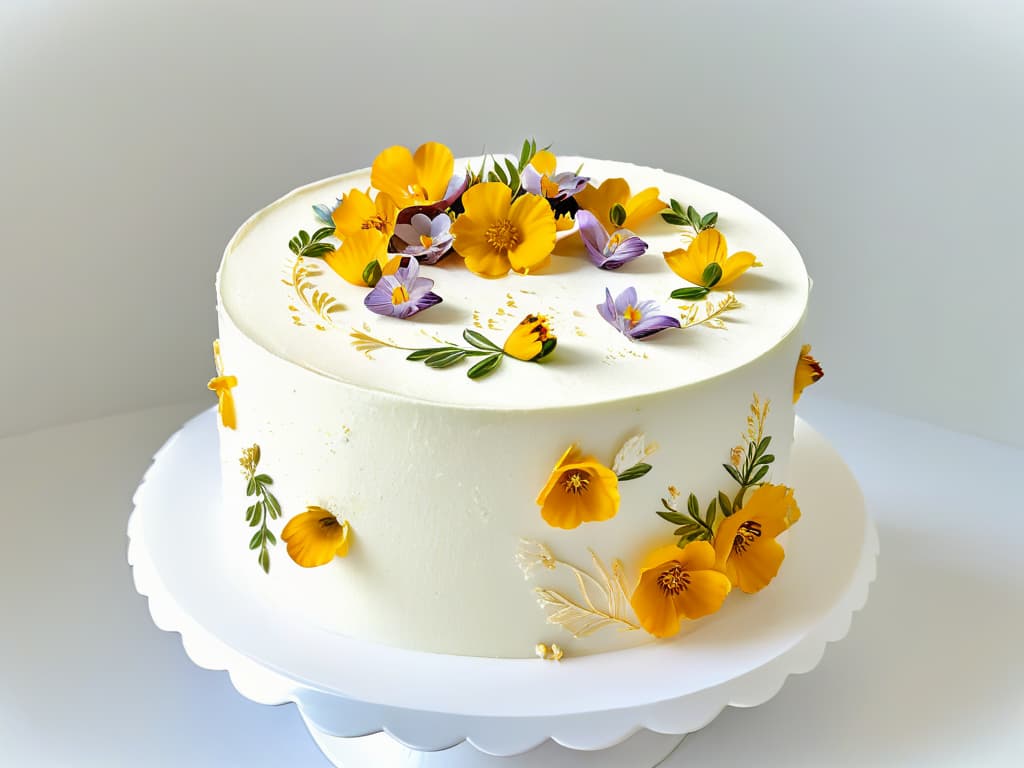  A closeup, ultradetailed image of a perfectly frosted glutenfree cake, adorned with delicate edible flowers and gold leaf accents, set against a stark white backdrop to emphasize the intricate details and elegant simplicity of modern glutenfree baking. hyperrealistic, full body, detailed clothing, highly detailed, cinematic lighting, stunningly beautiful, intricate, sharp focus, f/1. 8, 85mm, (centered image composition), (professionally color graded), ((bright soft diffused light)), volumetric fog, trending on instagram, trending on tumblr, HDR 4K, 8K