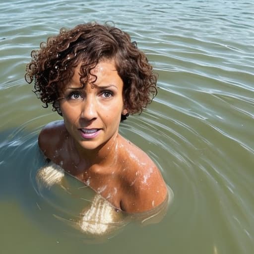  tanned woman with short and curly haircut is in the water up to her cheeckboones she's panic she's drowning