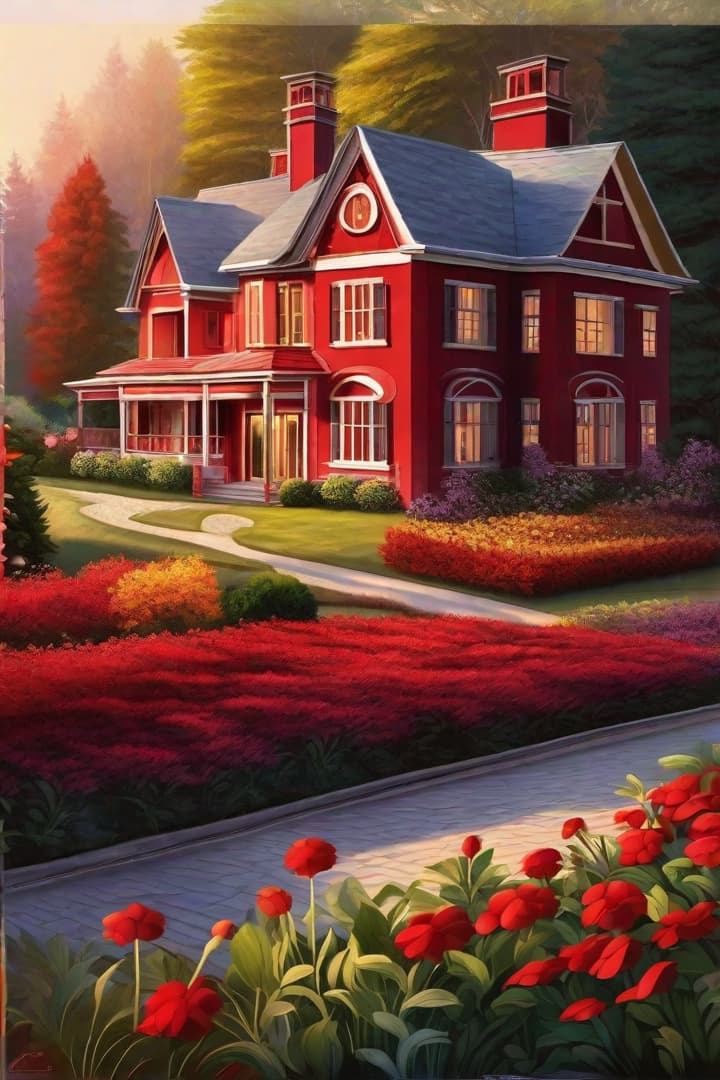  Express your creativity through digital painting. Transform the canvas with a palette of colors, blending and shading to create your own unique masterpiece: Red house with a garden in the forest