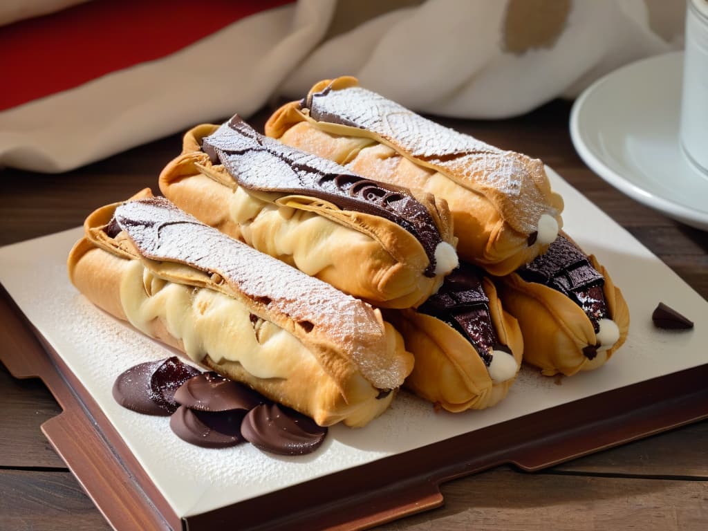  A closeup, ultradetailed image of a freshly baked Cannoli Siciliano with a perfectly crisp shell filled with creamy ricotta and chocolate chip filling. The cannoli is delicately dusted with powdered sugar, resting on a rustic wooden table with subtle natural lighting casting soft shadows, showcasing the textures and colors of this traditional Sicilian dessert in exquisite detail. hyperrealistic, full body, detailed clothing, highly detailed, cinematic lighting, stunningly beautiful, intricate, sharp focus, f/1. 8, 85mm, (centered image composition), (professionally color graded), ((bright soft diffused light)), volumetric fog, trending on instagram, trending on tumblr, HDR 4K, 8K