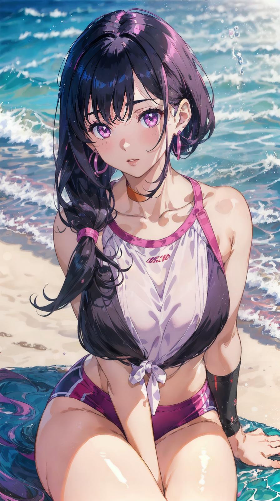  master piece , best quality,Evening seaside JK, black hair, hair inner color vivid pink, medium hair, light purple eyes, seductive upward glance, slightly red cheeks, thin earrings, sitting in gym, white thin clothes, thin clothing, beautiful collarbone