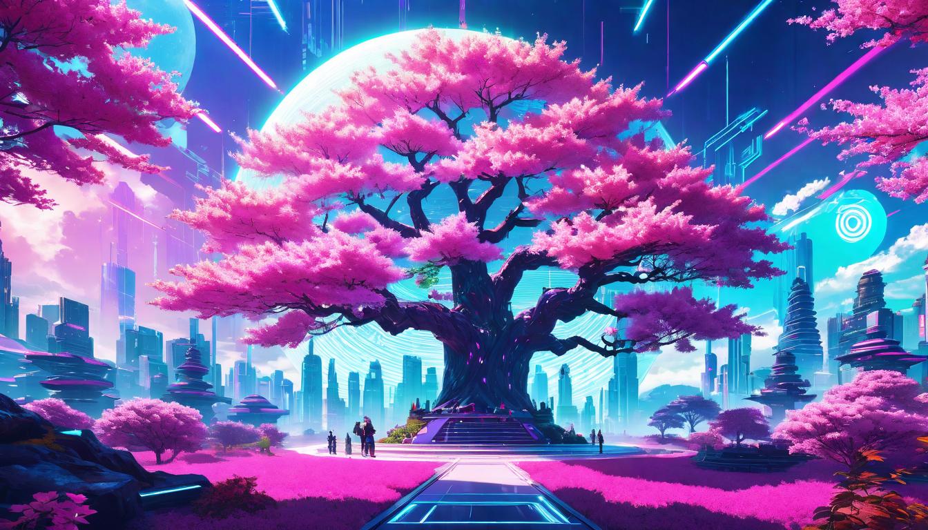  vaporwave,cyberpunk game style A circle of diverse trees in bloom, center void filled with radiant light, unity in diversity, symbol of inspiration and communal growth, blossoming together, individual strengths contributing to collective beauty, the harmony of aspirationseon, dystopian, futuristic, digital, vibrant, detailed, high contrast, reminiscent of cyberpunk genre video games,retro aesthetic, cyberpunk, vibrant, neon colors, vintage 80s and 90s style, highly detailed