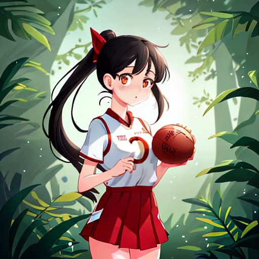  anime girl black hair bright dark brown eyes red and white basketball uniform with the number 18 and the name Nicky white and black shoes Have your hair in a medium high ponytail with two strands on the sides of your ears, have a basketball and look full body Pastel Palette, Da Vinci's Dreams, Picasso's , Sunrise Splendors, Floral Fantasy, Mystical Moonscapes, Urban Nature, Crystal Clear, Cinematic hyperrealistic, full body, detailed clothing, highly detailed, cinematic lighting, stunningly beautiful, intricate, sharp focus, f/1. 8, 85mm, (centered image composition), (professionally color graded), ((bright soft diffused light)), volumetric fog, trending on instagram, trending on tumblr, HDR 4K, 8K