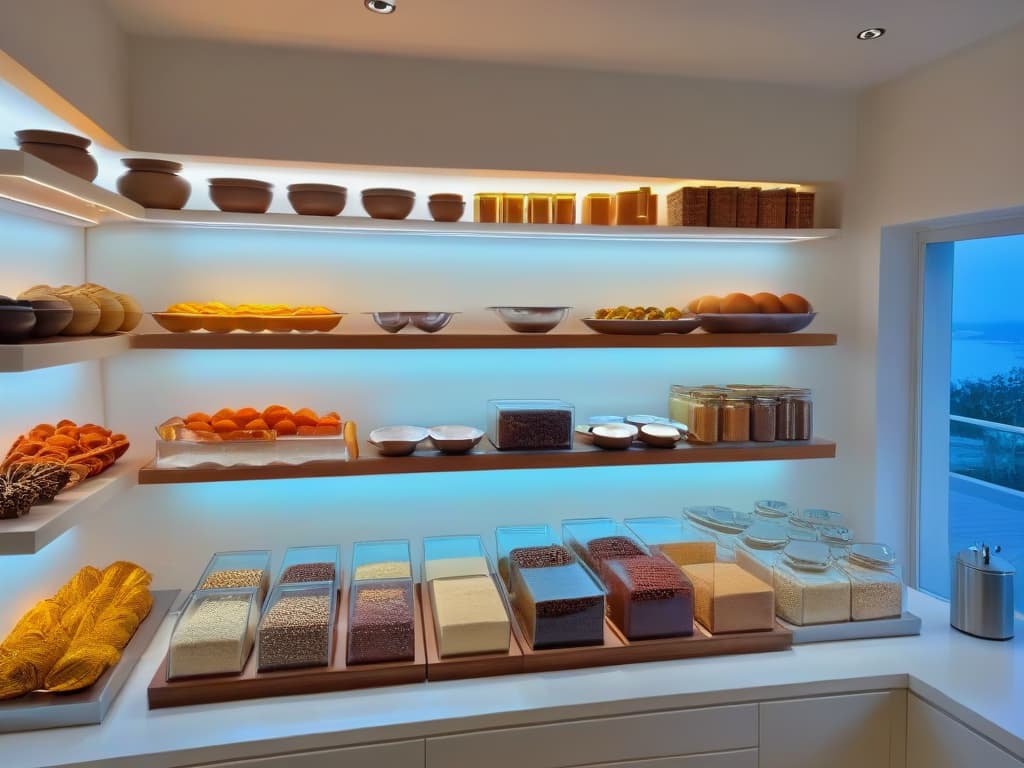  An ultradetailed image of a serene, minimalist kitchen filled with exotic baking ingredients from around the world, neatly organized on sleek, modern shelves. The sunlight streams in through a large window, casting a warm glow on the vibrant spices and unique utensils, creating a tranquil and inspiring atmosphere for culinary exploration. hyperrealistic, full body, detailed clothing, highly detailed, cinematic lighting, stunningly beautiful, intricate, sharp focus, f/1. 8, 85mm, (centered image composition), (professionally color graded), ((bright soft diffused light)), volumetric fog, trending on instagram, trending on tumblr, HDR 4K, 8K