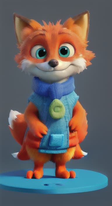  {Error the fox pressing the blue button with his paw, looking puzzled as nothing occurs., Error is a small, bright orange fox with a fluffy tail and big, inquisitive eyes. He has a mischievous yet kind expression and wears a tiny green scarf.