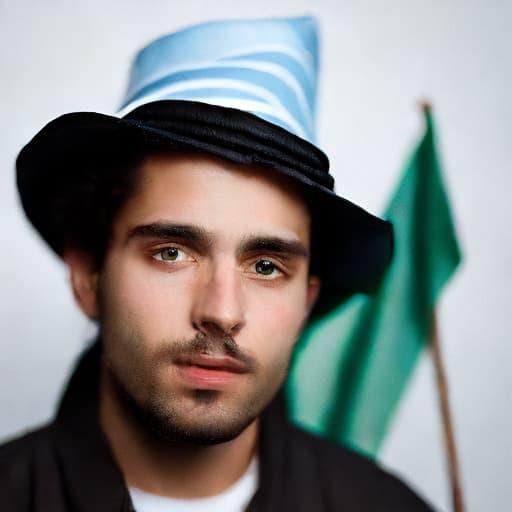 portrait+ style man holding a flag of Saudi Arabia and cring