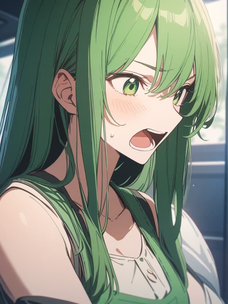  Ghibli style style green hair character, shouting, masterpiece, best quality,8k,ultra detailed,high resolution,an extremely delicate and beautiful,hyper detail