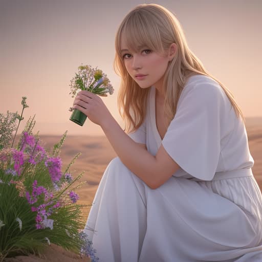 swedish looking , bare s, visible s, sitting legged, surrounded by blooming desert flowers, harmonizing with the Force, transcendent tranquility, desert enlightenment, hdr, ultra detailed s, extremely detailed face, RAW photo, film grain, skin pores hyperrealistic, full body, detailed clothing, highly detailed, cinematic lighting, stunningly beautiful, intricate, sharp focus, f/1. 8, 85mm, (centered image composition), (professionally color graded), ((bright soft diffused light)), volumetric fog, trending on instagram, trending on tumblr, HDR 4K, 8K