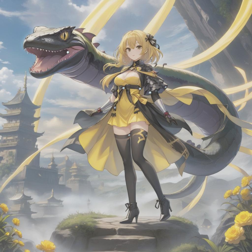  anime artwork A stands tall, with a long silver shawl thrown over her shoulder, wearing a top with short sleeves with flashes and a mini , wearing high socks with ribbons and high heels, black and yellow color scheme, a large salamander sits at her feet, against a fantasy world backdrop. . anime style, key visual, vint, studio anime, highly detailed hyperrealistic, full body, detailed clothing, highly detailed, cinematic lighting, stunningly beautiful, intricate, sharp focus, f/1. 8, 85mm, (centered image composition), (professionally color graded), ((bright soft diffused light)), volumetric fog, trending on instagram, trending on tumblr, HDR 4K, 8K